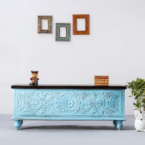 Image of Wifo Solid Wood Coffee Table for Living Room Wooden Trunk Box for Storage | Handcrafted Center Table for Living Room with Sandook Storage | Pitara for Bedroom (Blue Distress and Brown Top)