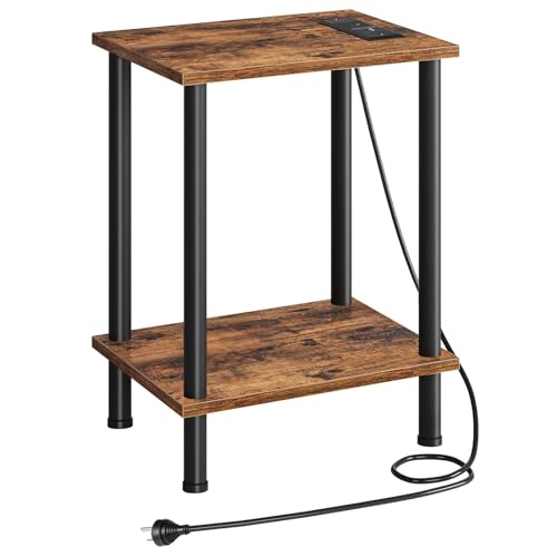 HOOBRO Side Table with Charging Station, End Table with USB Port and Outlet, Nightstand with 2-Layer Storage Shelves for Small Spaces, Living Room, Bedroom, Stable Frame, Rustic Brown BF09ABZ01N1
