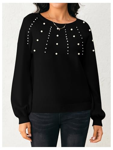 Image of Verdusa Women's Pearl Pullover Sweaters Long Sleeve Round Neck Cute Dressy Casual Knitted Sweater