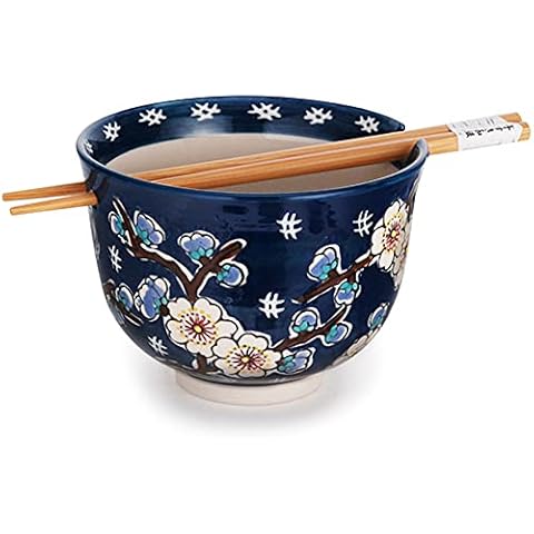 Happy Sales HSRB-DSYFLR, Multi Purpose 5"D Ramen Udon Soba Pho Noodle Donburi Rice Tayo Bowl with Chopsticks, Blue Cherry Blossom Cover