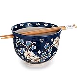 Happy Sales HSRB-DSYFLR, Multi Purpose 5'D Ramen Udon Soba Pho Noodle Donburi Rice Tayo Bowl with Chopsticks, Blue Cherry Blossom