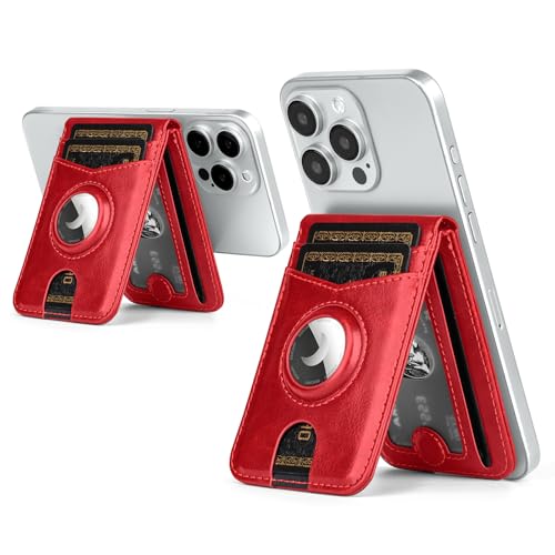 SkyEagle RFID Blocking MagSafe Wallet Stand with AirTag Card Holder,5 Card Slots & ID Window,PU Leather Magnetic Phone Kickstand for iPhone 12/13/14/15/16/17 Pro Max & Air Plus Series,Red
