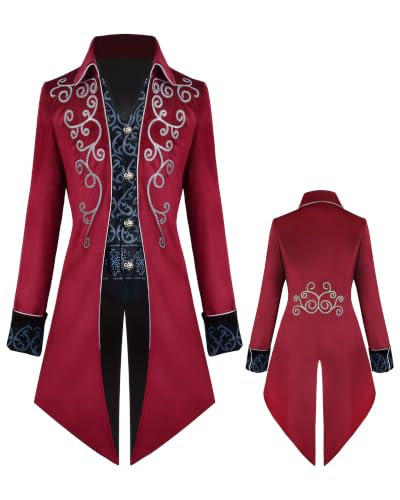 QEKFDOV Herren Steampunk Frack Mantel,Gothic Mittelalter Kleidung,Vintage viktorianischen Frack,Renaissance Halloween Cosplay Kostüm (Rot, S)