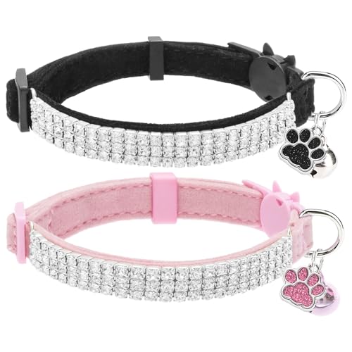 EXPAWLORER Velvet Cat Collar with Bell Quick Release - Sparkling Rhinestones Cute Cat Collars Breakaway Safety Buckle, Adjustable Soft Dazzling Pet Collar for Cats and Puppies, Pink & Black