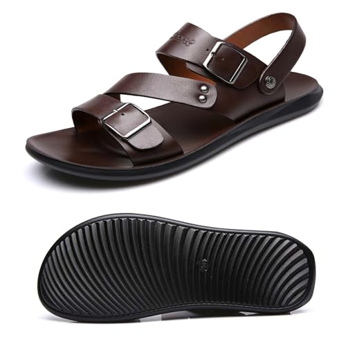 Exusiai Men Black Soft Flat Sandals Adjustable Dual Buckle Leather Slip-On Beach Sandals Open Toe Non-Slip Casual Comfortable3