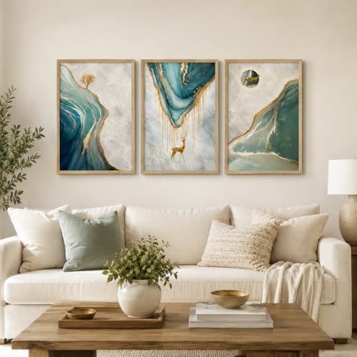 Image of Livin'luxe Set of 3 Blue Marble Deer Abstract Wall Paintings for Living Room Bedroom Home Decor with Premium Wooden Color Synthetic Frame (13.5 x 19.5 Inch) NM03-97
