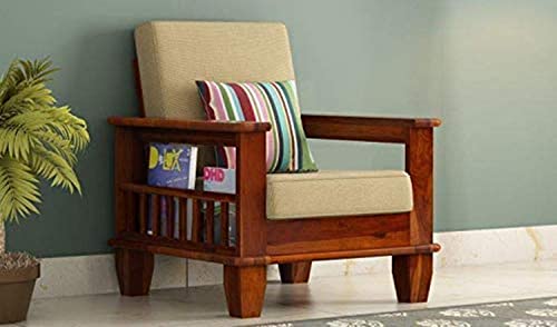 Image of Solid Sheesham Wood Single Seater Sofa with Pocket Storage | Multipurpose Wooden 1 Seater Sofa Chair with Cushion for Living Room, Home & Office (Honey Finish) | 1 Year Warranty