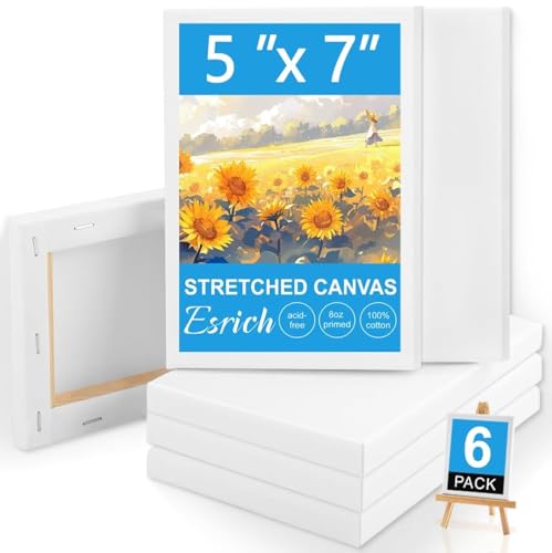 ESRICH Small Canvases for Painting 6 Pack Canvas 5x7 Inch Stretched Canvas 2/5 Profile Primed Acid Free Painting Canvas for Kids for Oil Paint Watercolor Acrylic Paint Gouache &Tempera.