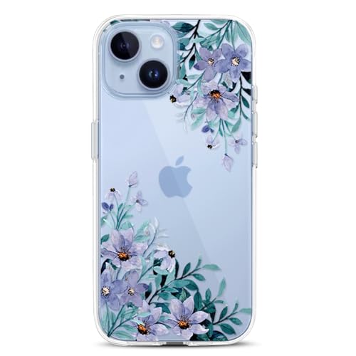 Coque pour iPhone 15 transparente fleurie violette élégante pour fille et femme