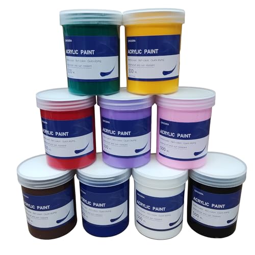 Qingsera Lot de 9 boîtes de peinture acrylique (500 ml) - Grands pots - Riche pigmentée - Fournitures de peinture en vrac sur roches, toile, travaux manuels, bois, céramique, tissu, artistes, pour