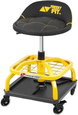 FreekyFit Rolling Shop Stool with Wheels, Garage Work Mechanic Stool with Backrest, Roller Mechanic Chair, Adjustable Height, 360° Swivel, Tool Tray Storage, 330 LBS Capacity, Heavy Duty, Yellow