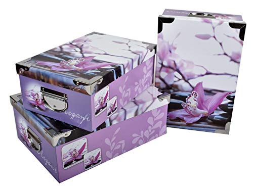 2.J. Orchidée, Lot De 3 Grandes Boîtes De Rangement Gigognes Avec Couvercle empilable en Carton Imprimé Décor Galet, avec Angles Et Poignées en Métal. T:...