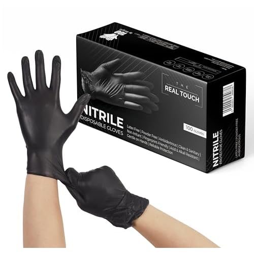 The Real Touch Einweghandschuhe, Schwarze Nitrilhandschuhe – 100 Stück Handschuhe, Puderfrei & Latexfrei Handschuhe Einweg, Einmalhandschuhe für Küche, Reinigung, und Medizin