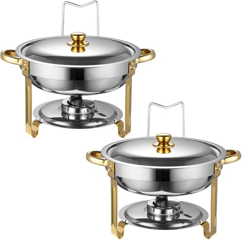KALDJKS 2er Set Rund Chafing Dish Set 4.5L Speisenwärmer Edelstahl Buffet Wärmebehälter Suppenwärmer Bain Marie Speisen Warmhaltebehälter für Bankette Buffets Schulen