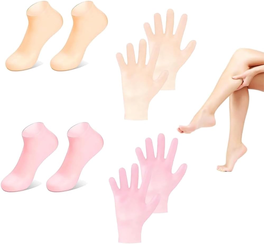 4 Pairs Silicone Moisturizing Glove Socks Set for Dry Cracked Feet and Hands, Anti Slip Spa Socks Women Gel Pedicure Socks for Foot Hand Softening Foot Care After Pedicure