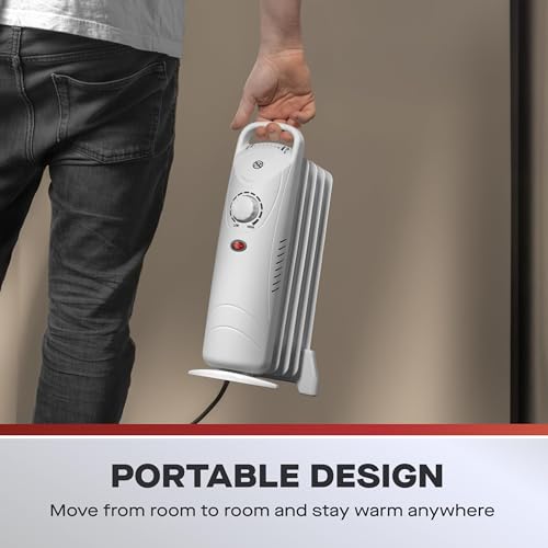 Daewoo Oil Filled Radiators, 650W, Mini, Ideal For Small Rooms, Adjustable Thermostat, Carry Handle, Power Indicator, 5 Fins, Portable And Compact, White