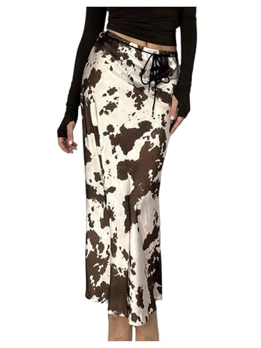 MakeMeChic Women's Satin Cow Print Maxi Skirt Silk Fishtail Belted Skirts