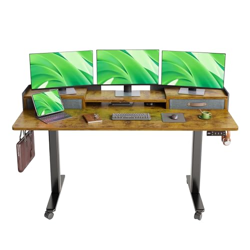 Image of Claiks Standing Desk with Drawers & Wheels, 2 Height Shelf 63 inch Rustic Brown