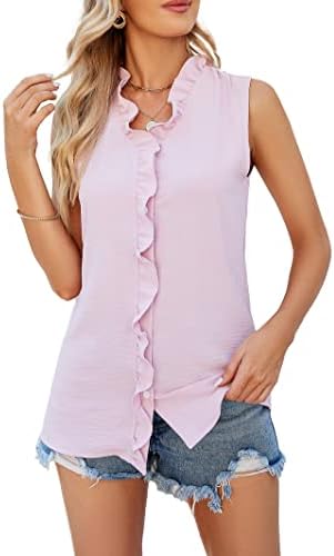 Famulily Ruffle Tank Top for Women V Neck Ruffled Collared Shirts Sleeveless Ruffle Placket Button Front Blouse