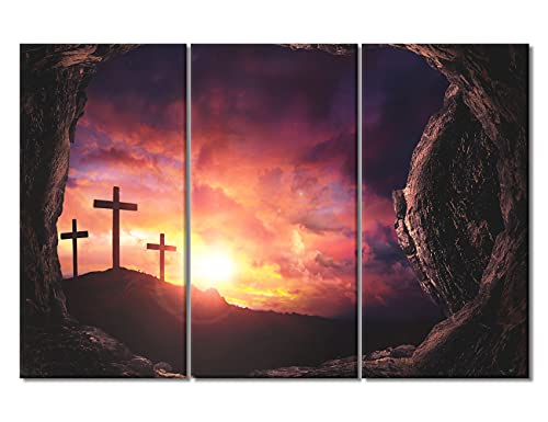 Easter American Decor Cross Pictures for Living Room Christian Painting 3 Piece Mountain Wall Art Jesus Resurrection Sepulcher Grave Artwork Home Decor Gallery Wrapped Ready to Hang, 60"Wx40"H