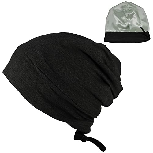 Tinabless Bonnet Schlafmütze, Satin Gefüttertes Extra Großes Slouchy Beanie Mütze, Sleep Cap für Damen Black Cover