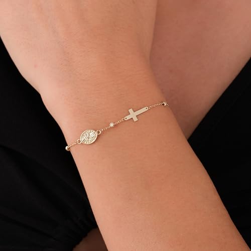 Image of MIONZA Catholic Medal Cross Bracelet for Women | 14K Gold Plated or Solid Gold, Religious Rosary Jewelry, Choose Your Saint Medal Bracelet