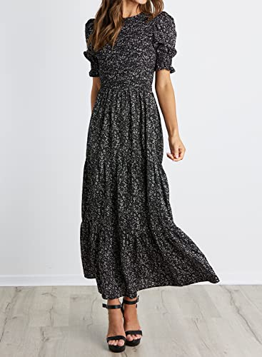 Btfbm Women Casual Summer Dresses 2023 Spring Crew Neck Ruffle Short Sleeve Floral Leopard Smocked Boho Flowy Maxi Dress(Floral Black White, Large) #TOP2