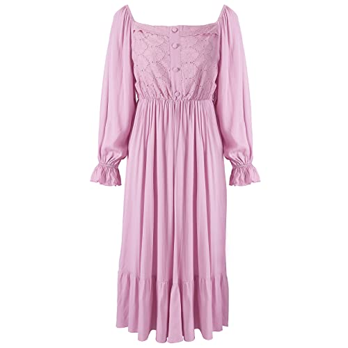 Balems Chemise de nuit vintage victorienne à manches longues et col carré à volants - Robe de nuit plissée décontractée - Taille S à 2XL, Pink, M Cover