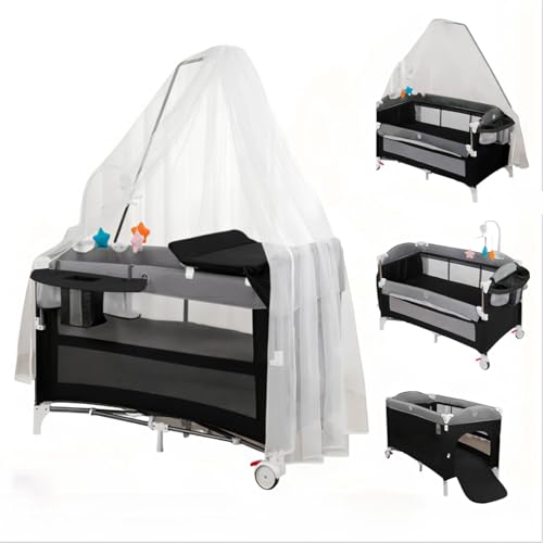 Corralito portátil para bebés y para compartir la cama y cuna con cambiador reversible para recién nacidos a niños pequeños, unisex (corralito gris con mosquitera)