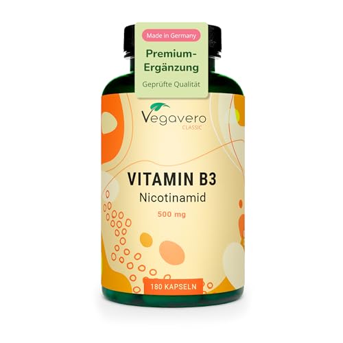 Vitamin B3 Niacin | Hochdosiert: 500 mg Nicotinamid | 180 Kapseln - 6 Monatsvorrat | Haut - Nerven - Energie* | Flushfree | Laborgeprüft | Vegan - Ohne Zusatzstoffe | Deutsche Produktion von Vegavero