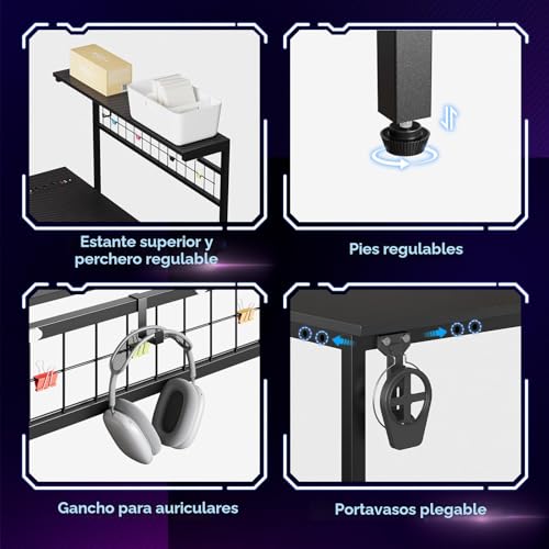 Miniatura 7 de Bestier Escritorio En Forma De L Con Enchufes, Iluminación Led, Superficie De Fibra De Carbono Y Amplio Espacio De Almacenamiento, Perfecto Para Oficina En Casa Y Juegos