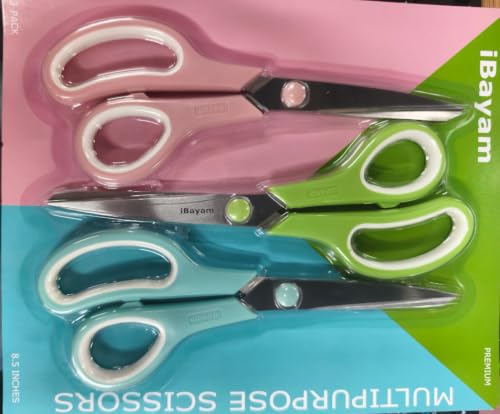 Image of iBayam All Purpose Heavy Duty Scissors for Office, School, Craft, Scrapbook, Vision Board, (3, Blue, Pink, Green, sewing scissors)