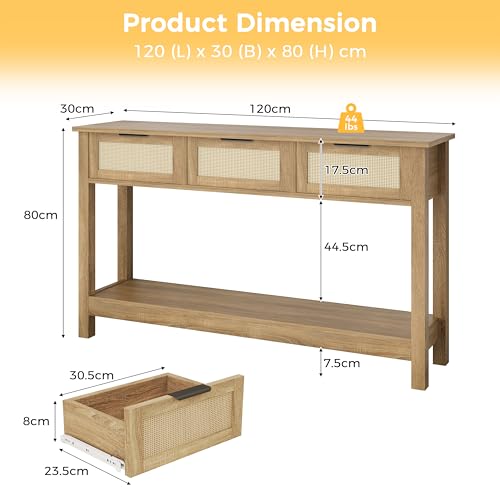 Image of Luoxiao Console Table Narrow Wood Rattan Hallway Table with 3 Drawers Entrance Table with Open Shelf Narrow Sofa Table for Living Room Boho Console Table for Hallway Foyer Entrance 120 x 30 x 80 cm