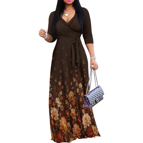 Image of Plus Size Maxi Dress for Women V Neck 3 /4 Sleeve Wrap Dress Brown 3XL | Brown Floral Women's Maxi Dress for Thanksgiving Birthday
