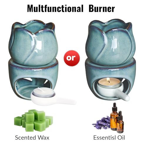 Ceramic Essential Oil Burner Wax Melt Burner with Candle Spoon, Removable Aromatherapy Burner Blue Ceramic Aroma Oil Candle Diffuser Wax Tart Warmer for Home Bedroom Decor - Image 4