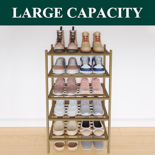 Image of Smiry Bamboo Shoe Rack, 5 Horizontal Slats, 5 Tier - 17.3 inch Wide, Walnut
