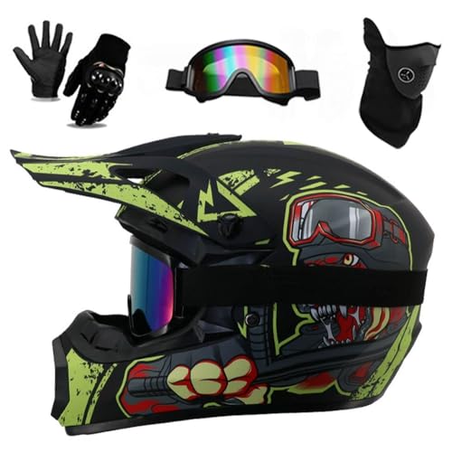 Casques de Moto DOT Youth Pour Enfants, Casque IntéGral Pour Enfants Pour GarçOns Et Filles Avec Lunettes, Gants, Masque, VTT, Bmx, Descente(Q Yellow War Dog,M(56-57CM))