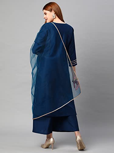 Image of GoSriKi Women's Cotton Blend Solid Straight Kurta with Palazzos & Dupatta (DHARAN)