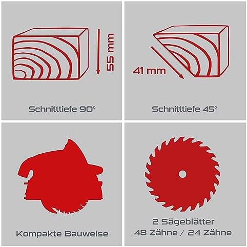 Bild 2 - Practixx Tauchsäge PX-TS-55 mit 3x 500mm Führungsschiene | inkl. 2.Sägeblatt (24Z + 48Z) | 1200W | Schnitttiefe 55mm | Ø160mm | Schrägstellung 0 bis 45° Schnitte + Kippschutz | Handkreissäge