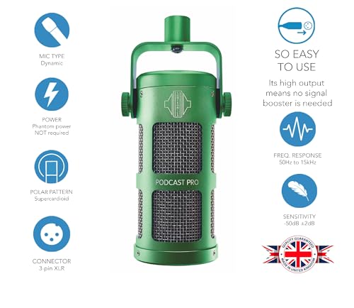 Image of Sontronics Podcast Professional Dynamic Mic for Podcast, Broadcast, Streaming, Gaming & VC - XLR Connection, No Phantom Power Required - Lifetime Microphone Warranty - Designed & Built in UK (Green)