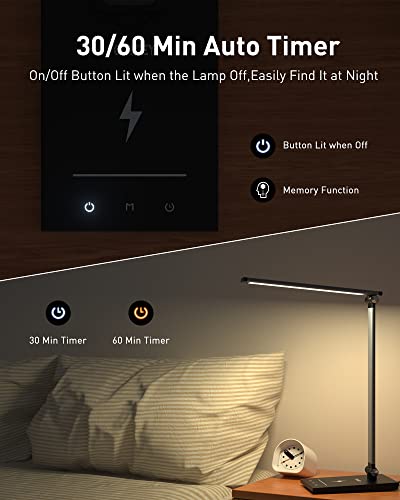 Focasey Led Desk Lamp With Wireless Charger,Usb Charging Port,Eye-Caring Desk Lamps For Home Office,Touch Control Table Lamp With 25 Lighting Modes,Desk Light For Study,Reading,Office,Black #TOP6