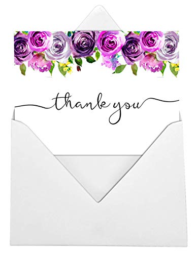 Darling Souvenir Purple Floral Wedding Thank You Greeting Cards Pack Of 20 With White Envelopes, 3.5 x 5 inch