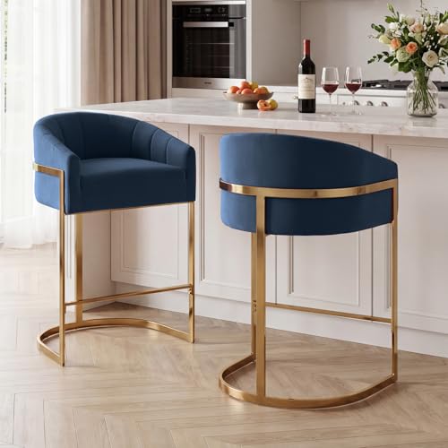 Image of TQHOQ Bar Stools Set of 2, Velvet Upholstered Bar Chairs with Gold Metal Legs, Blue Kitchen Stools with Backs