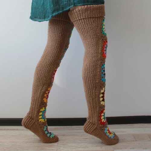 FEORJGP Womens Granny Square Over Knee High Socks Crochet Knitted Stockings Tube Long Leg Warmers Cable Thigh High Boot Socks4