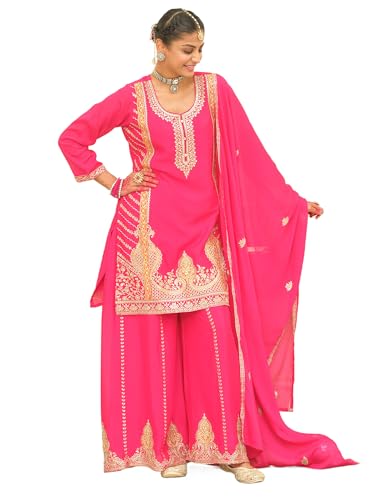 Image of INDO ERA Women's Chinon Paisley Embroidered Straight Kurta & Palazzo with Dupatta Set (IEOUT12447)