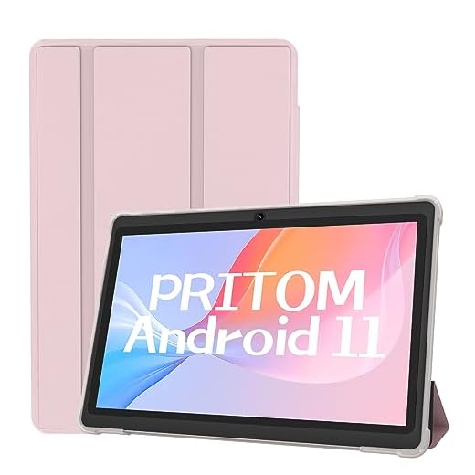 PRITOM Tablet da 7 pollici Android 11, 4GB (2+2 espandi), 32 GB, (128GB espandibile) tablet PC con processore quad core, 350mAh, display IPS HD, doppia fotocamera, WiFi, Bluetooth, tablet con custodia