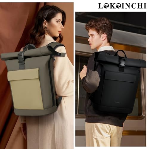 Lekeinchi Sac à Dos Roll-top pour Hommes et Femmes, Grand Sac a Dos pour Ordinateur Portable 17", Élégant et Polyvalent pour Université, Voyage, Cyclisme, École et Travail - Vert armée – vue 2