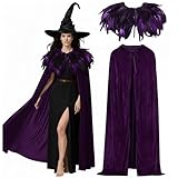 Yearntown 3 Pcs Halloween Velvet Adult Cape with Gothic Feather Cloak Large Ruched Witch Hat Cloak Witch Costume(Purple)