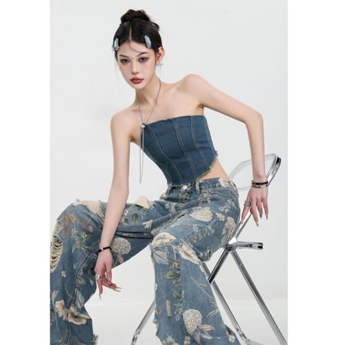 Women's Jeans, Women's Retro Floral Print with Holes, Loose Straight Leg Wide Leg Denim Pants, Y2K Jeans4