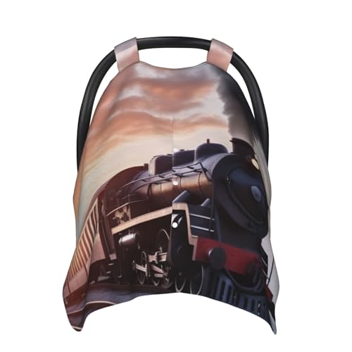 Baby Car Seat Canopy Cover for Mom, Soft Breathable Nursing Breastfeeding Covers Multi Use Stroller Sun Shade Newborn Shower Gift，Steam Train Depart Sunset
